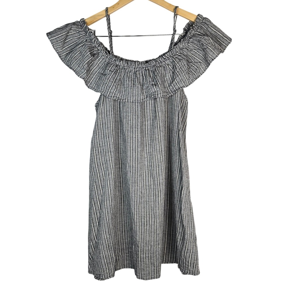 Umgee USA Gray White Striped Cold Shoulder Ruffle Mini Dress G0203 Medium